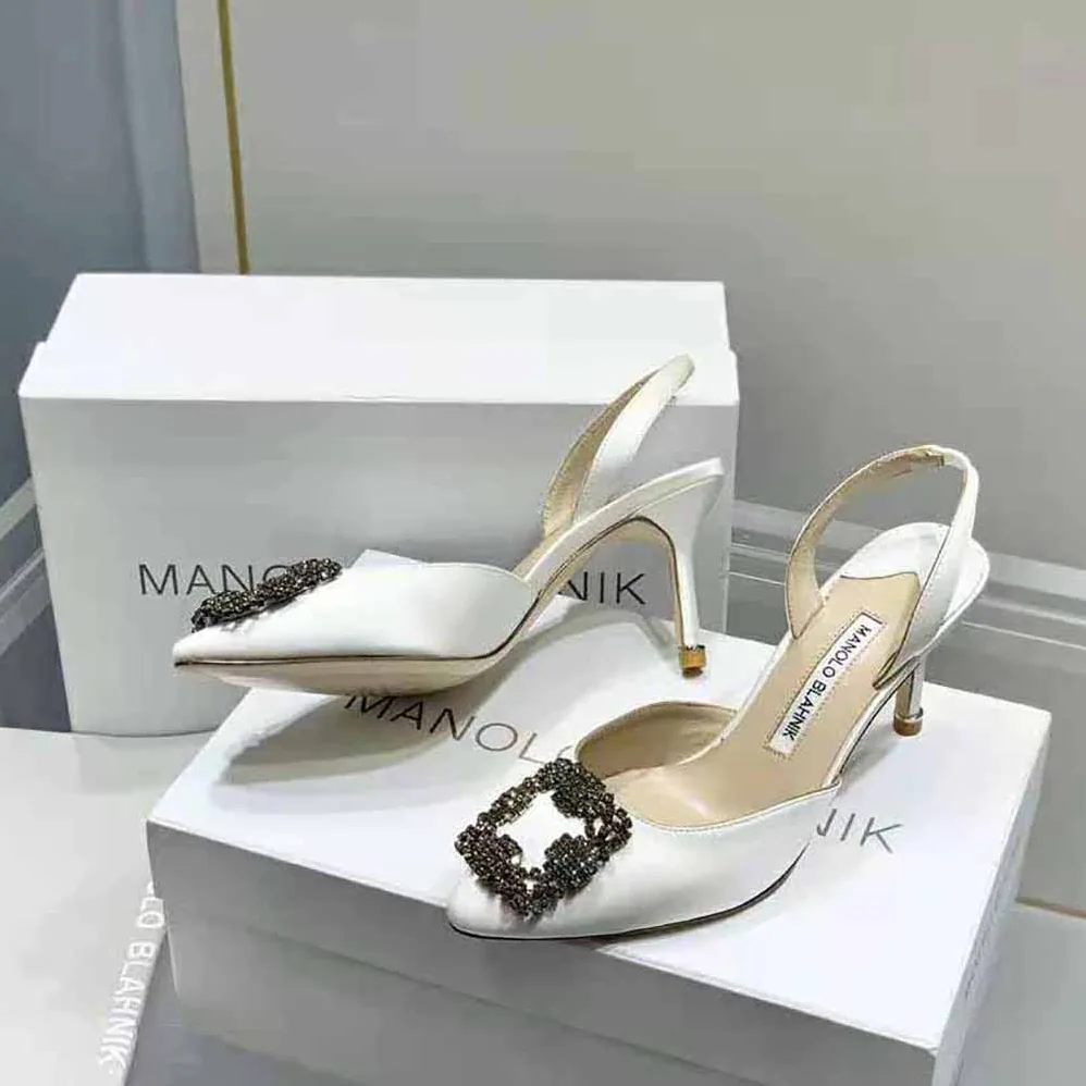 Manolo Blahnik Cream Satin Jewel Buckle Slingback Pumps for Women Manolo Blahnik Cream Satin Jewel Buckle Slingback Pumps for Women