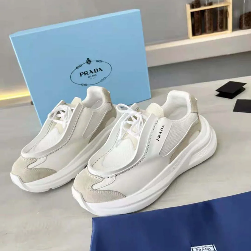 Prada Brushed Leather Sneakers with Bike Fabric and Suede Elements for Men in White Prada Brushed Leather Sneakers with Bike Fabric and Suede Elements for Men in White
