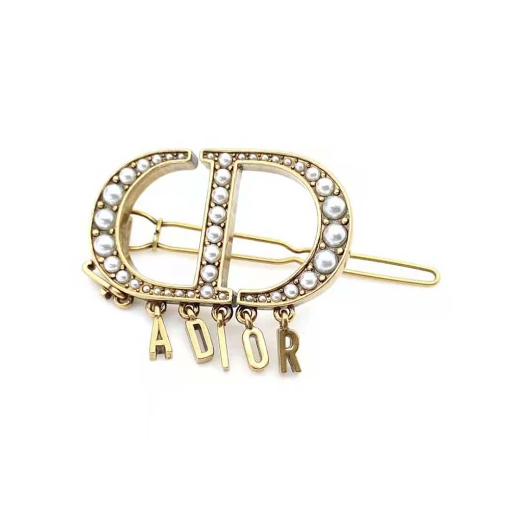 Dior 30 Montaigne Barrette Antique Gold-Finish Metal and White Resin Pearls for Women