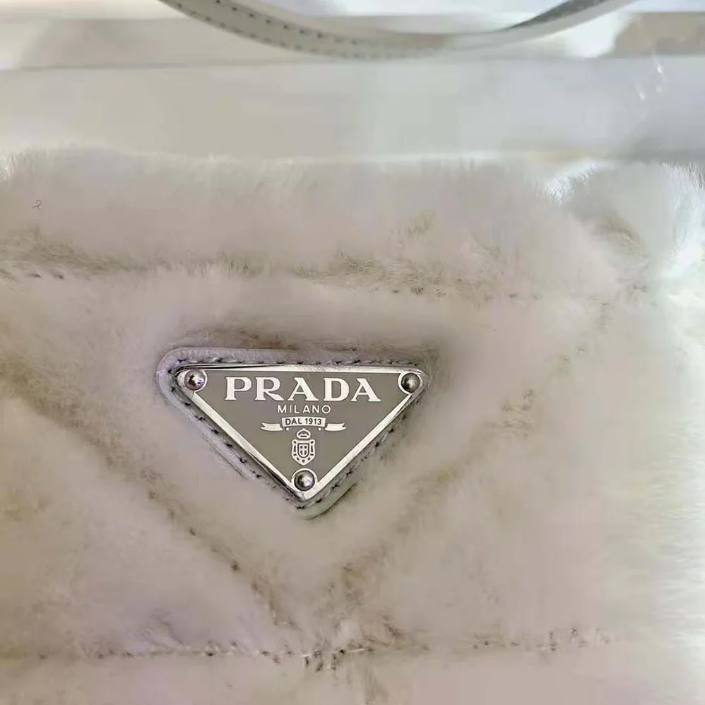 Prada Iconic Triangle Logo Soft Shearling Tote for Women in White Prada Iconic Triangle Logo Soft Shearling Tote for Women in White