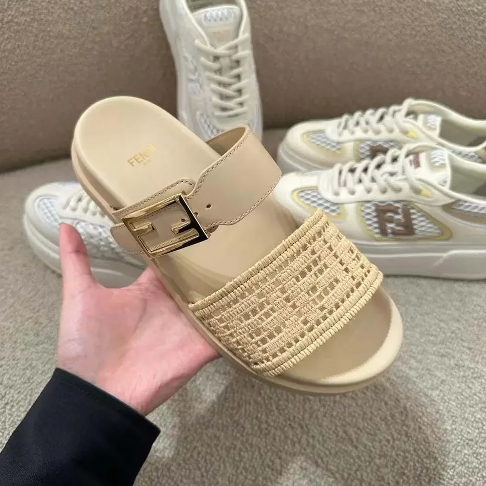 Fendi Feel Mesh Slides with Raffia FF Embroidery for Women