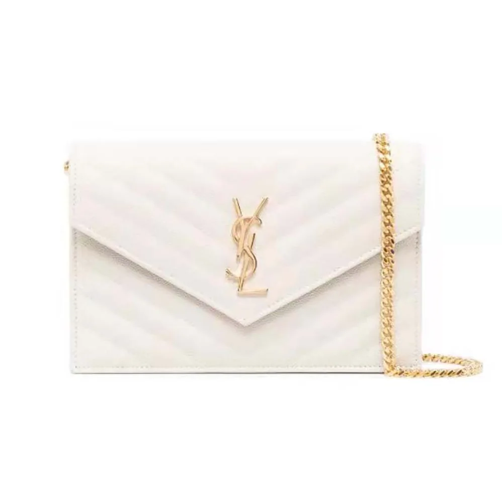 Saint Laurent YSL Monogram Chain Wallet in Grain De Poudre Embossed Leather for Women in White