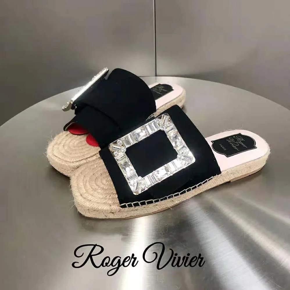 Roger Vivier Strass Buckle Espadrille Mules in Velvet for Women in Black