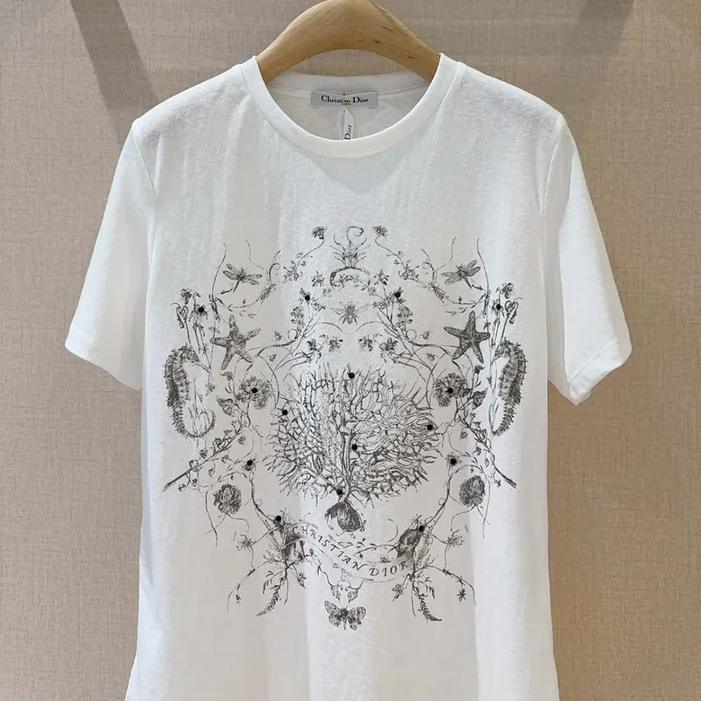 Dior T-Shirt White Cotton and Linen Jersey with Black Dior Cabinet de Curiosités Motif for Women