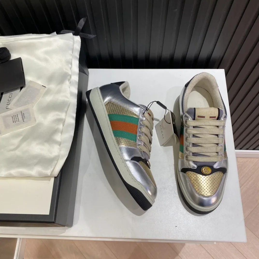 Gucci Screener Low Top Sneakers Silver Gold for Men