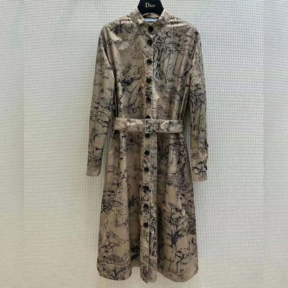 Dior Belted Shirt Dress Beige Cotton Gabardine with Toile de Jouy Voyage Motif for Women Dior Belted Shirt Dress Beige Cotton Gabardine with Toile de Jouy Voyage Motif for Women