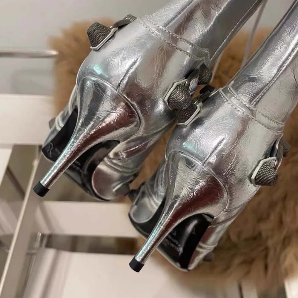 Balenciaga Cagole 90mm Boot in Silver Mmetallized Arena Lambskin for Women Balenciaga Cagole 90mm Boot in Silver Mmetallized Arena Lambskin for Women
