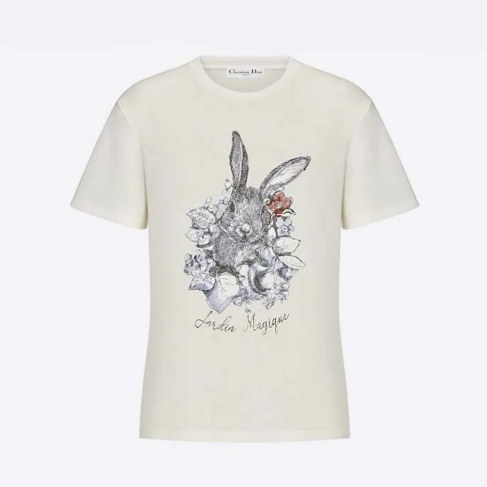Dior T-shirt Ecru Cotton Jersey and Linen with Dior Jardin Magique Motif for Women