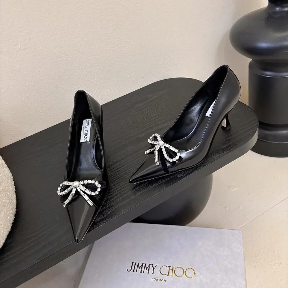 Jimmy Choo Auria 70mm Black Soft Spazzolato Pumps with Velvet and Crystal Bow for Women