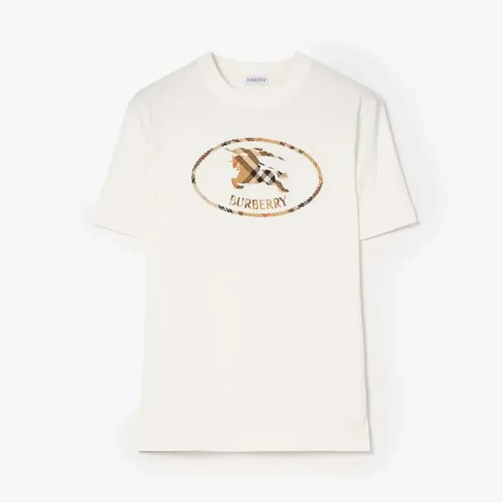 Burberry Check Knight Stamp Cotton T-shirt for Women in White Burberry Check Knight Stamp Cotton T-shirt for Women in White