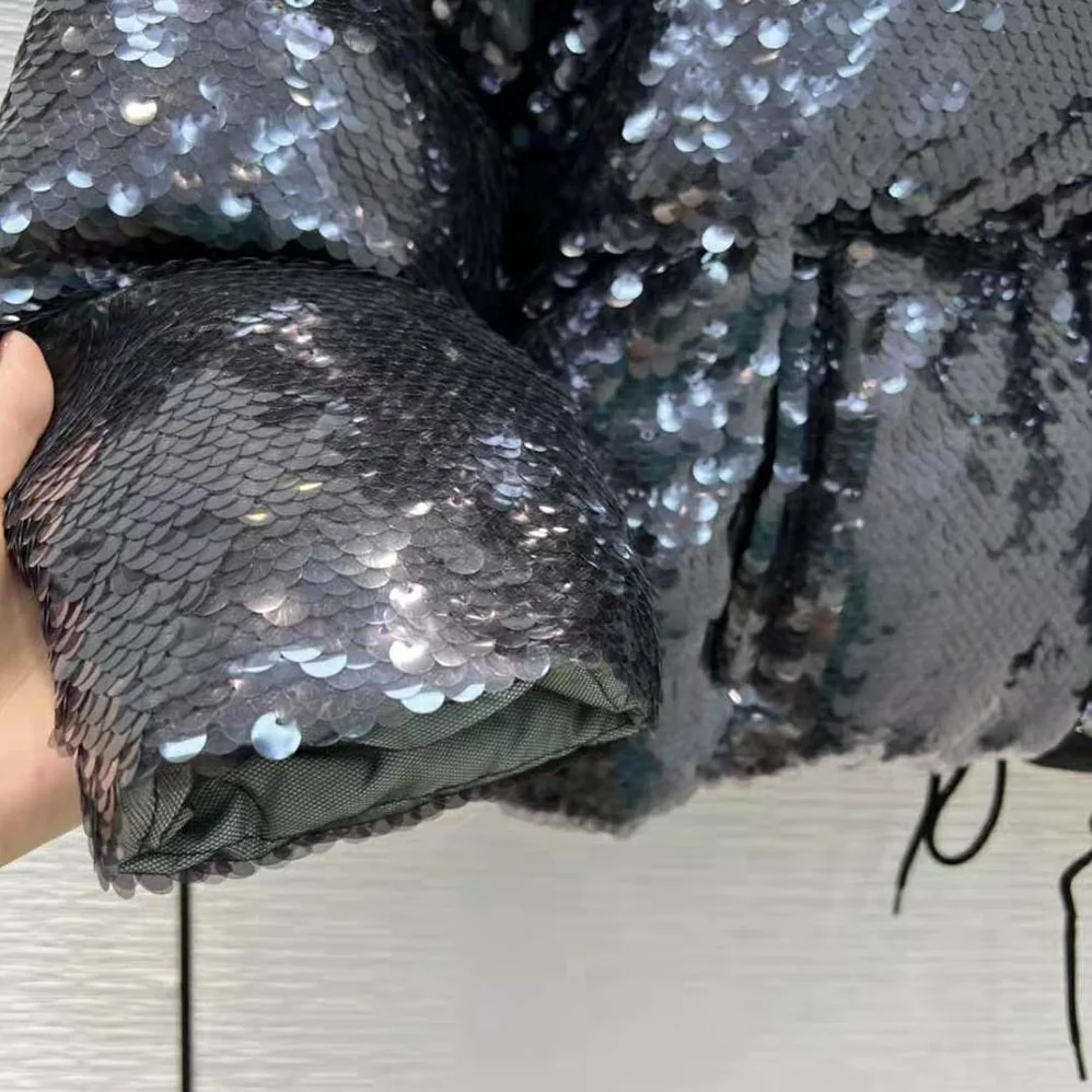 Prada Convertible Sequined Re-Nylon Down Jacket for Women in Black Prada Convertible Sequined Re-Nylon Down Jacket for Women in Black