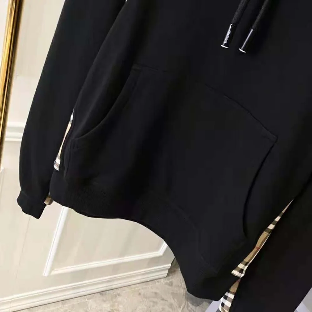 Burberry Vintage Check Panel Cotton Hoodie for Women in Black