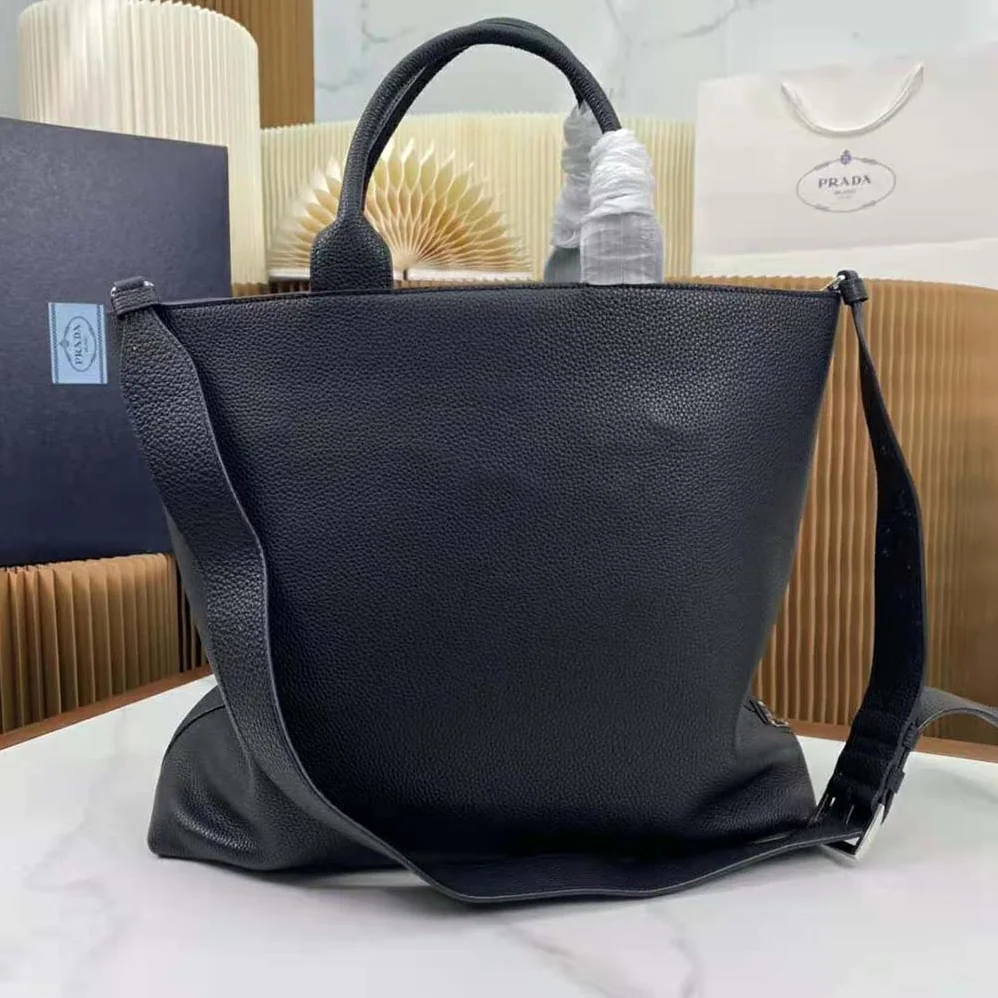 Prada Leather Tote with Enameled Metal Triangle Logo for Men in Black Prada Leather Tote with Enameled Metal Triangle Logo for Men in Black