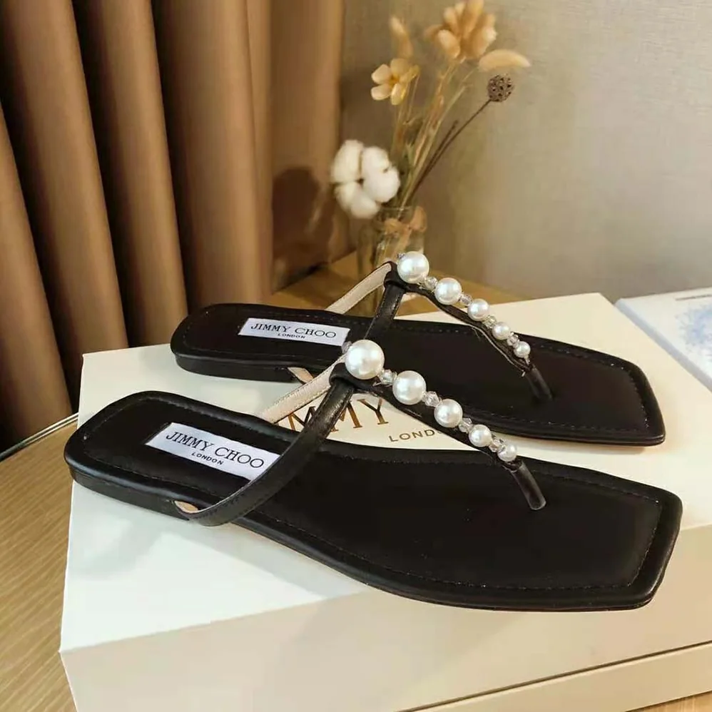 Jimmy Choo Alaina Flat Black Nappa Leather Flats with Pearl Embellishment for Women Jimmy Choo Alaina Flat Black Nappa Leather Flats with Pearl Embellishment for Women