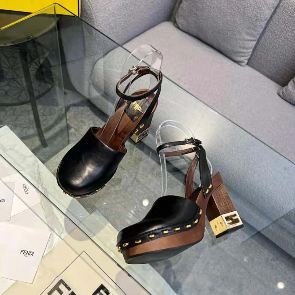 Fendi Baguette Show Black Leather High for Women in Heeled Clogs