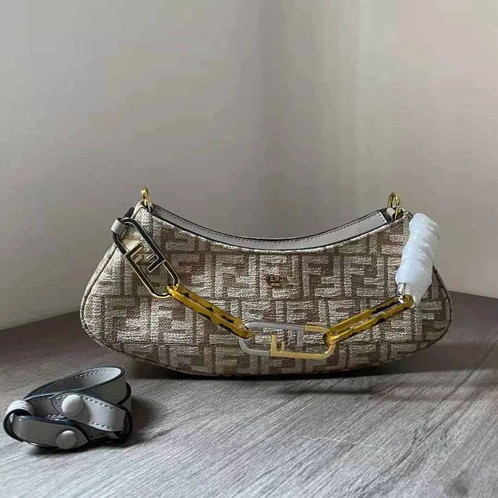 Fendi O'Lock Swing Dove Gray Tapestry Fabric Pouch for Women Fendi O'Lock Swing Dove Gray Tapestry Fabric Pouch for Women