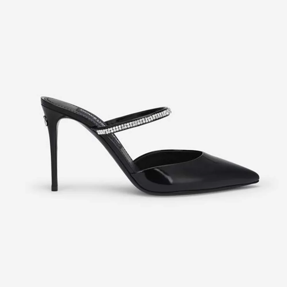 Dolce Gabbana D&G Polished Calfskin Mules with Embroidery for Women in Black Dolce Gabbana D&G Polished Calfskin Mules with Embroidery for Women in Black