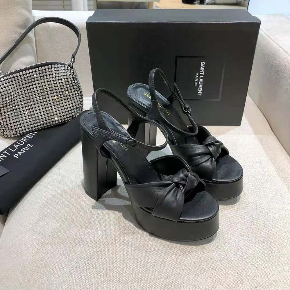 Saint Laurent YSL Bianca Platform Sandals in Smooth Leather for Women in Black
