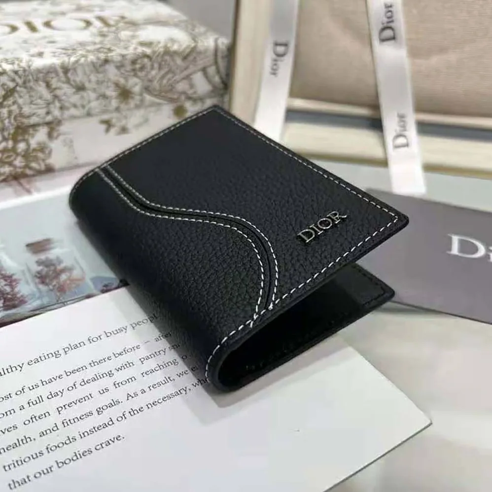 Dior Saddle Bi-fold Card Holder Black Grained Calfskin Leather Marquetry for Men Dior Saddle Bi-fold Card Holder Black Grained Calfskin Leather Marquetry for Men