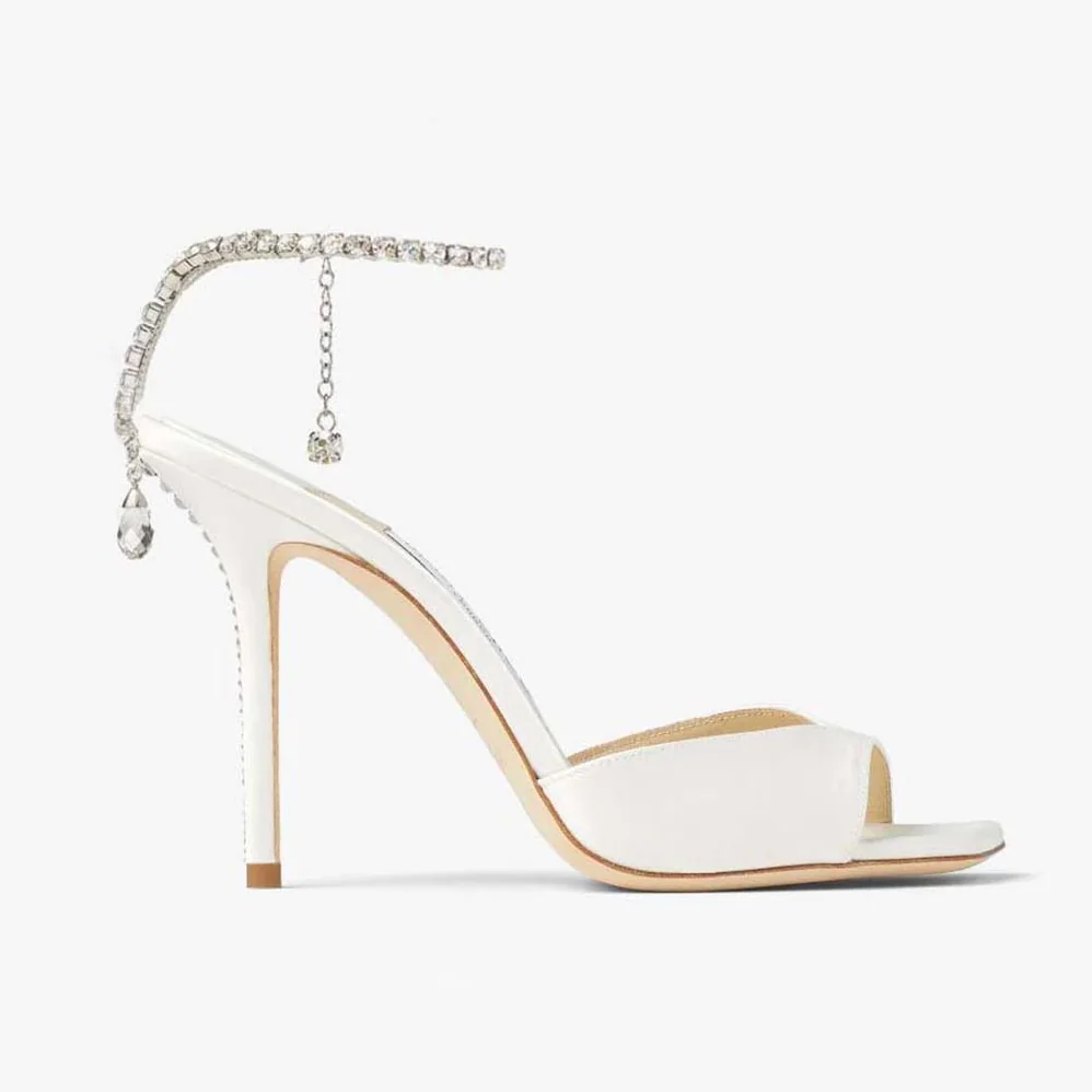 Jimmy Choo Saeda Sandal 100 Ivory Satin Sandals with Crystal Embellishment for Women Jimmy Choo Saeda Sandal 100 Ivory Satin Sandals with Crystal Embellishment for Women