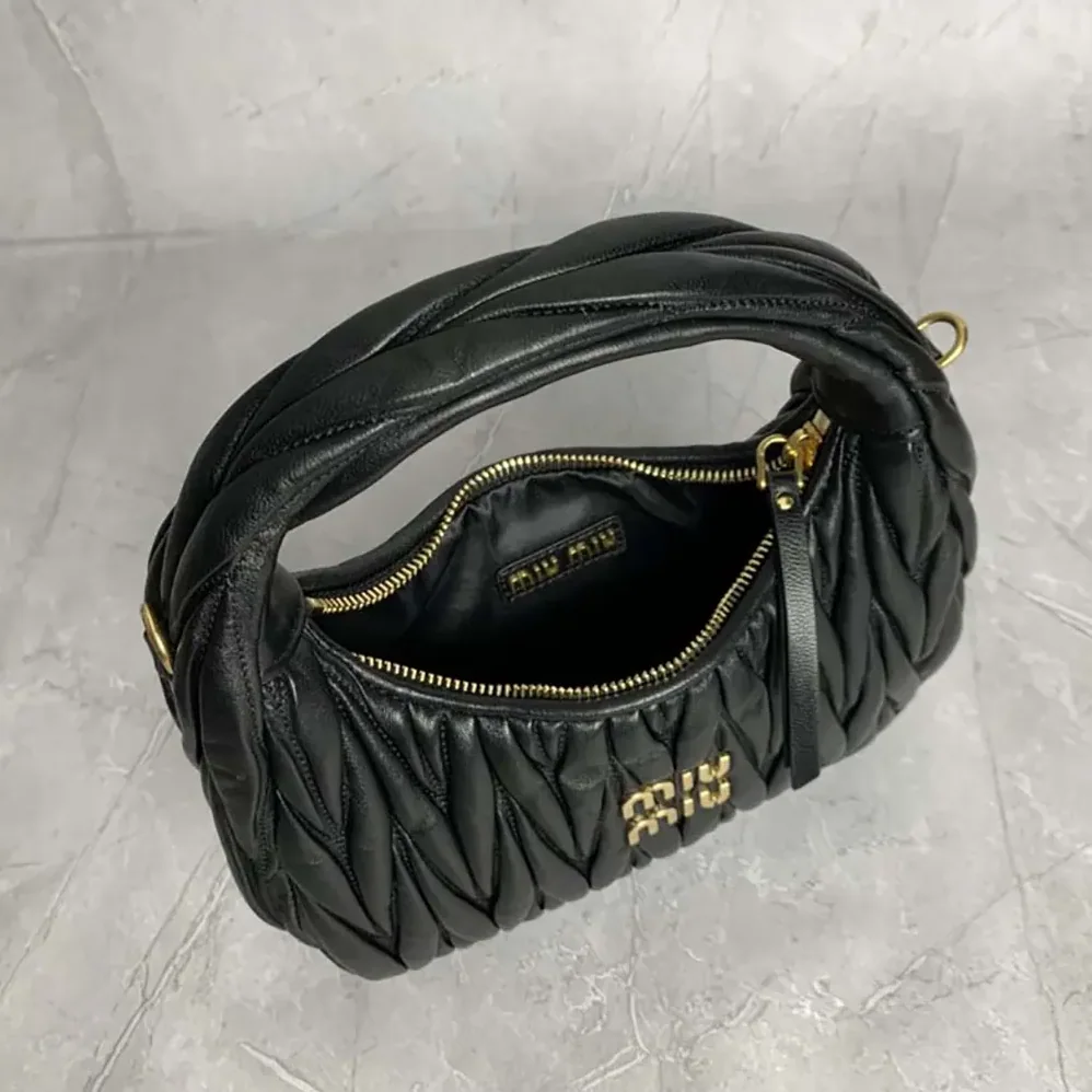 Miu Miu Wander Matelassé Nappa Leather Hobo Bag for Women in Black Miu Miu Wander Matelassé Nappa Leather Hobo Bag for Women in Black