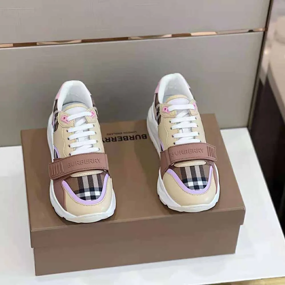 Burberry Check Cotton and Leather Sneakers for Women in Pink