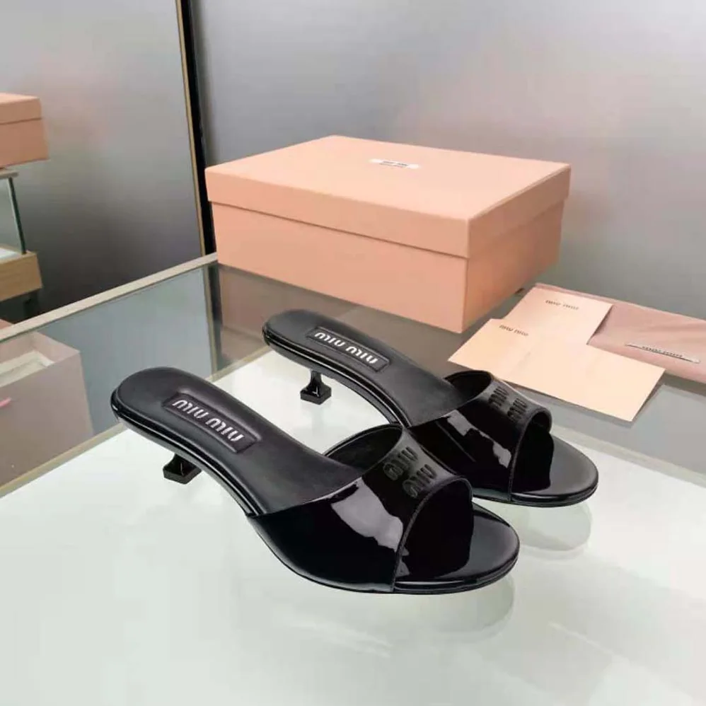 Miu Miu Patent Leather Sandals in 45 mm Heel Height for Women in Black Miu Miu Patent Leather Sandals in 45 mm Heel Height for Women in Black