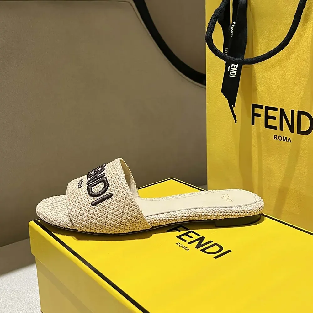Fendi Signature Beige Cotton Fiber Slides for Women Fendi Signature Beige Cotton Fiber Slides for Women
