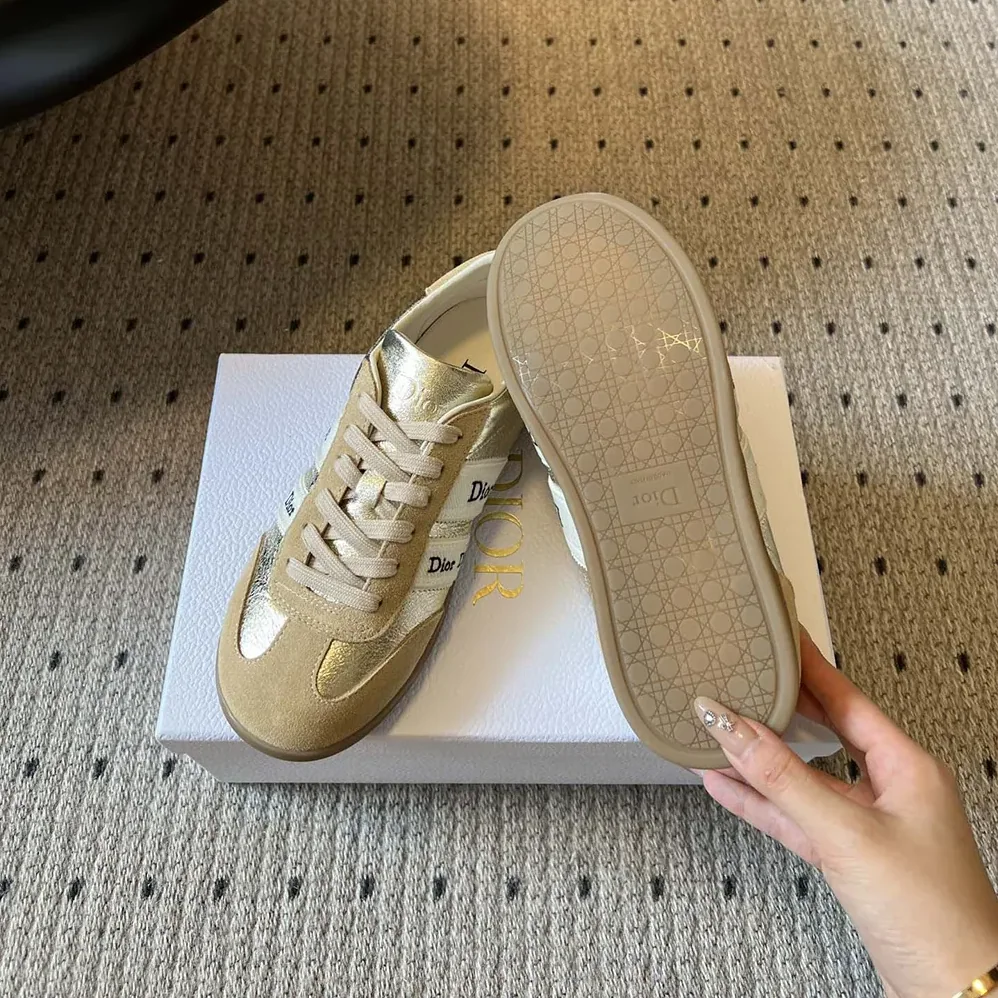 Dior Ribbon Sneaker Beige Suede Calfskin and Gold for Women in Tone Crinkled Laminated Lambskin Dior Ribbon Sneaker Beige Suede Calfskin and Gold for Women in Tone Crinkled Laminated Lambskin