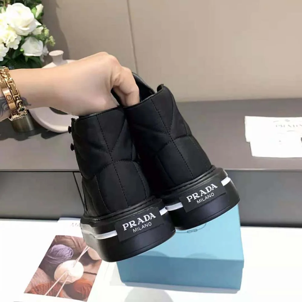 Prada Macro Re-Nylon and Brushed Leather High-top Sneakers for Women in Black