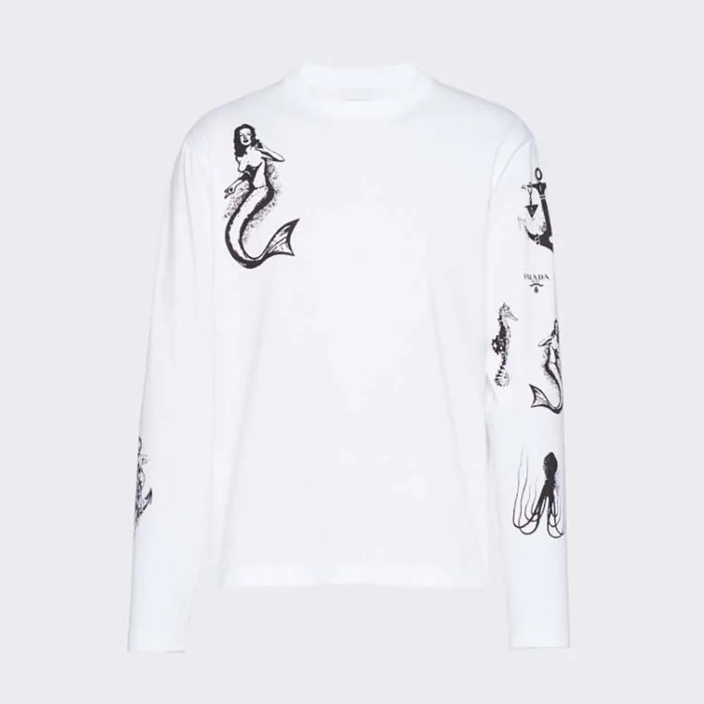 Prada Printed Cotton T-shirt with the Lettering Logo for Women in White Prada Printed Cotton T-shirt with the Lettering Logo for Women in White