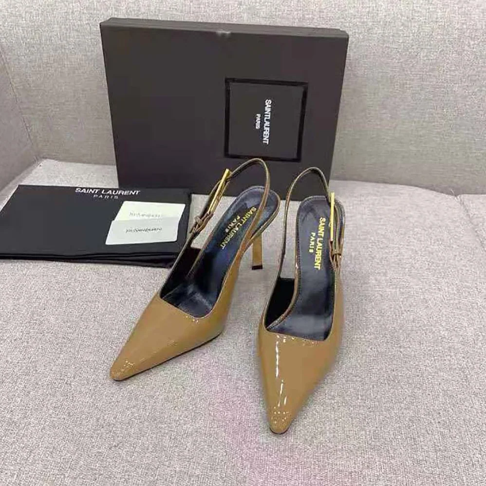Saint Laurent YSL Lee Slingback Pumps in Glazed Leather for Women in Brown Saint Laurent YSL Lee Slingback Pumps in Glazed Leather for Women in Brown