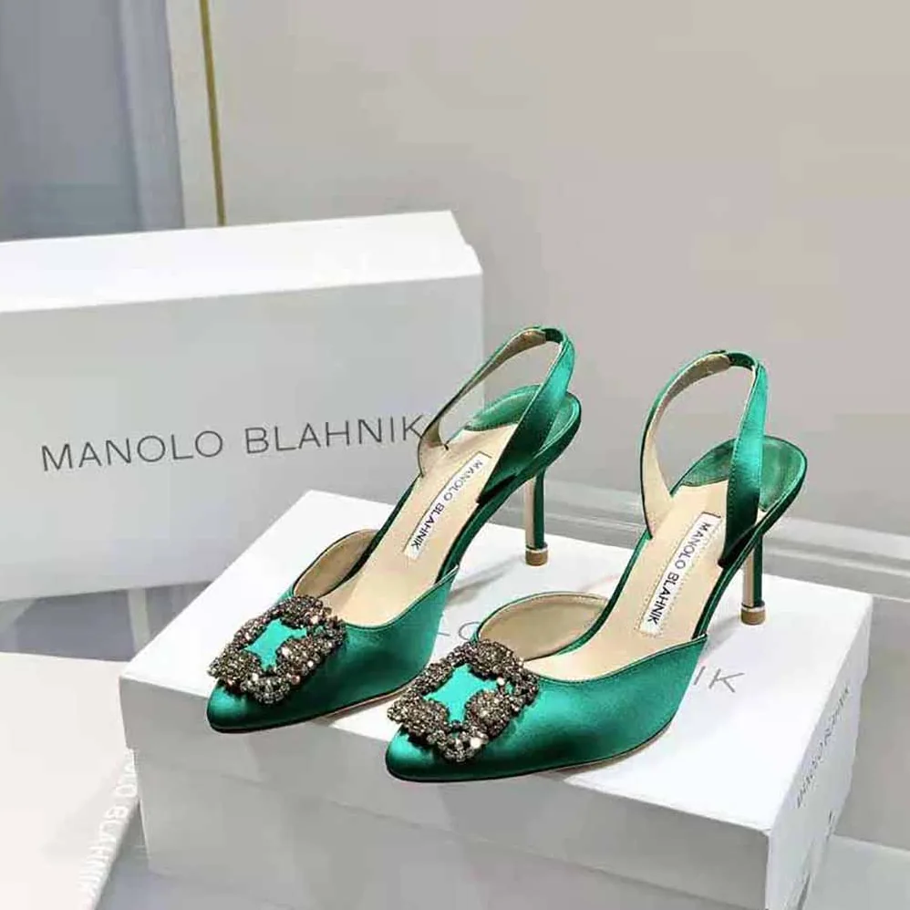 Manolo Blahnik Green Satin Jewel Buckle Slingback Pumps for Women Manolo Blahnik Green Satin Jewel Buckle Slingback Pumps for Women