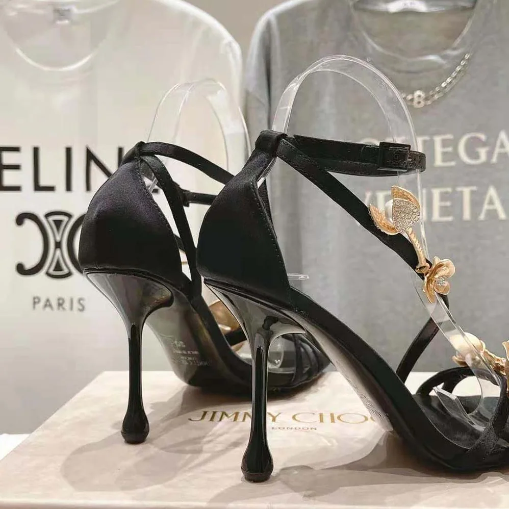 Jimmy Choo Zea 95 Black Satin Sandals with Metal Flowers-ZEA95BGU for Women Jimmy Choo Zea 95 Black Satin Sandals with Metal Flowers-ZEA95BGU for Women