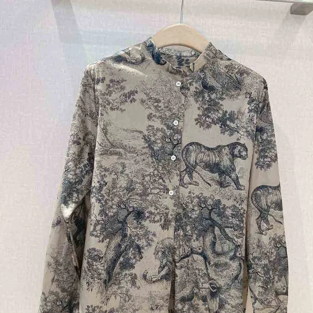 Dior Long Blouse Hazelnut Cotton Voile with Toile De Jouy Motif for Women