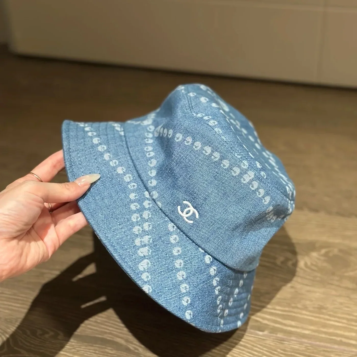 Chanel Pearl Print Bucket Hat Blue Denim Chanel Pearl Print Bucket Hat Blue Denim