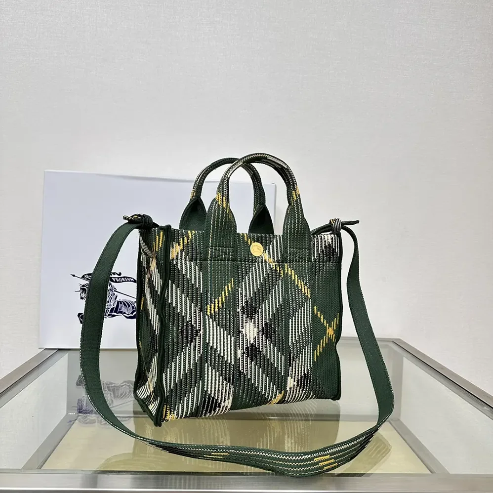 Burberry Mini Check Knitted Tote for Women in Green Burberry Mini Check Knitted Tote for Women in Green