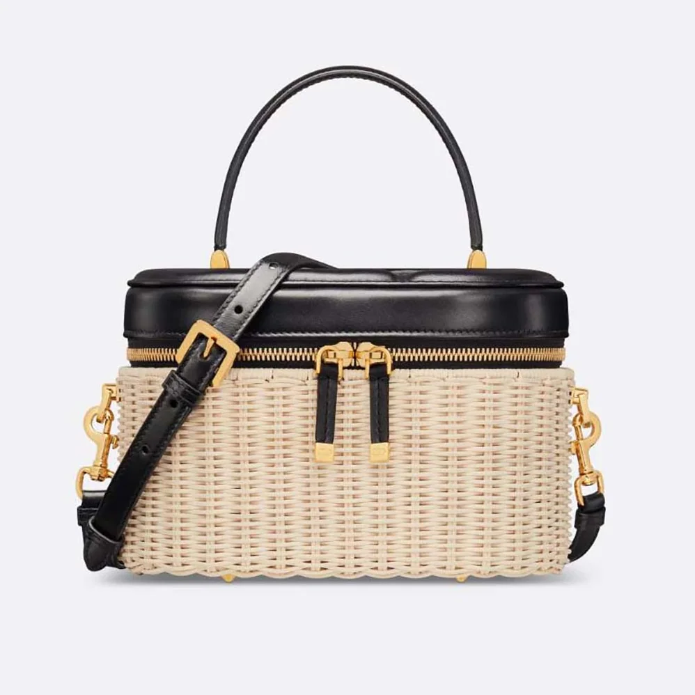 Dior Medium CD Signature Vanity Case Natural Wicker and Black Calfskin for Women