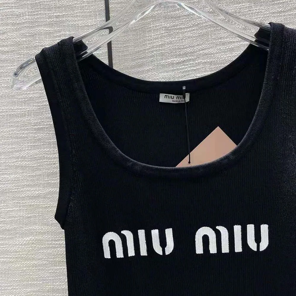 Miu Miu Viscose Tank Top with Intarsia Logo for Women in Black Miu Miu Viscose Tank Top with Intarsia Logo for Women in Black