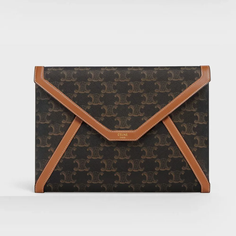 Celine Envelop Small Pouch in Triomphe Canvas and Calfskin for Women in Tan Celine Envelop Small Pouch in Triomphe Canvas and Calfskin for Women in Tan