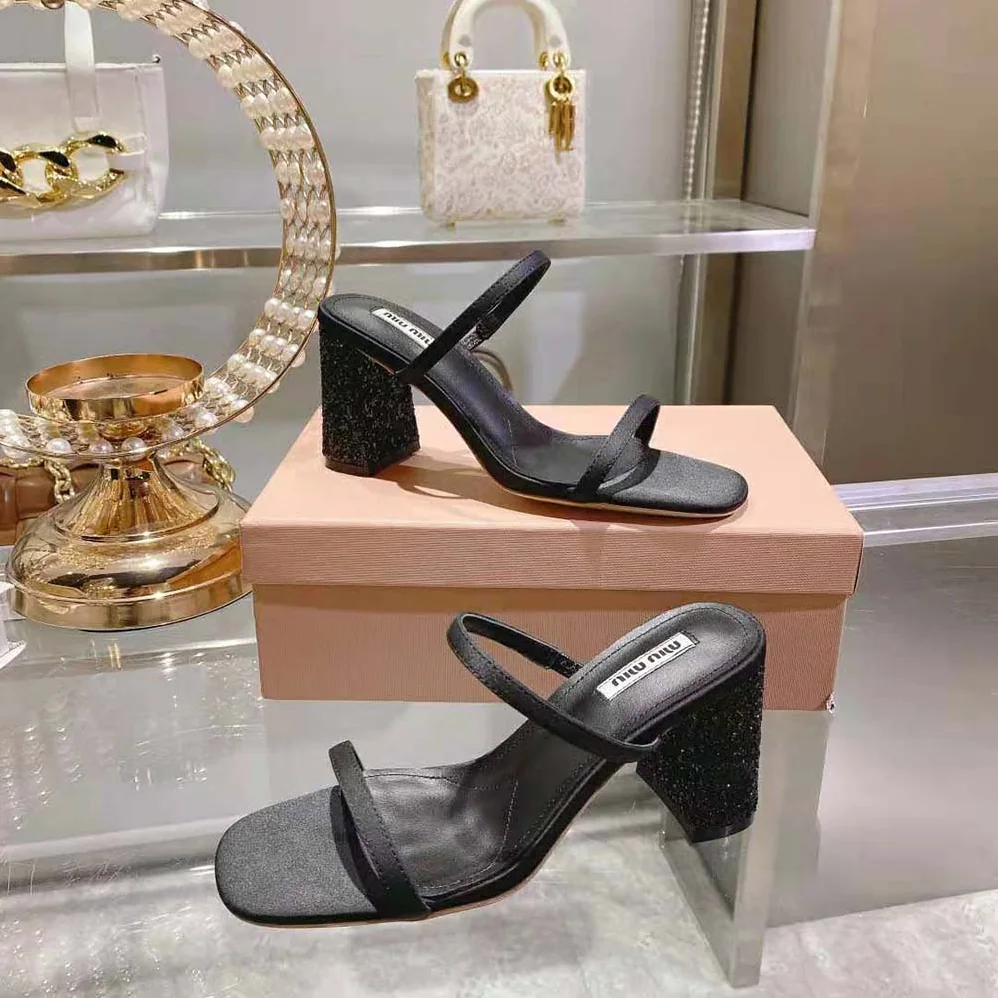Miu Miu Satin and Glitter Slides in 85 mm Heel Height for Women in Black Miu Miu Satin and Glitter Slides in 85 mm Heel Height for Women in Black