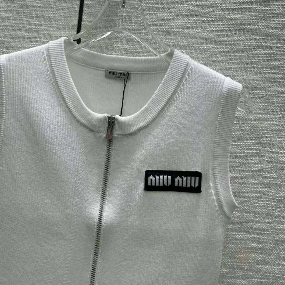 Miu Miu Viscose Knit Top with Knit Logo Patch for Women