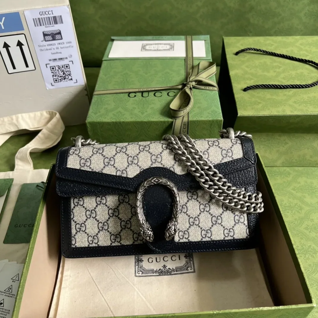 Gucci Dionysus Small Shoulder Bag / Beige/ Blue GG Supreme Canvas Antique Silver Hardware