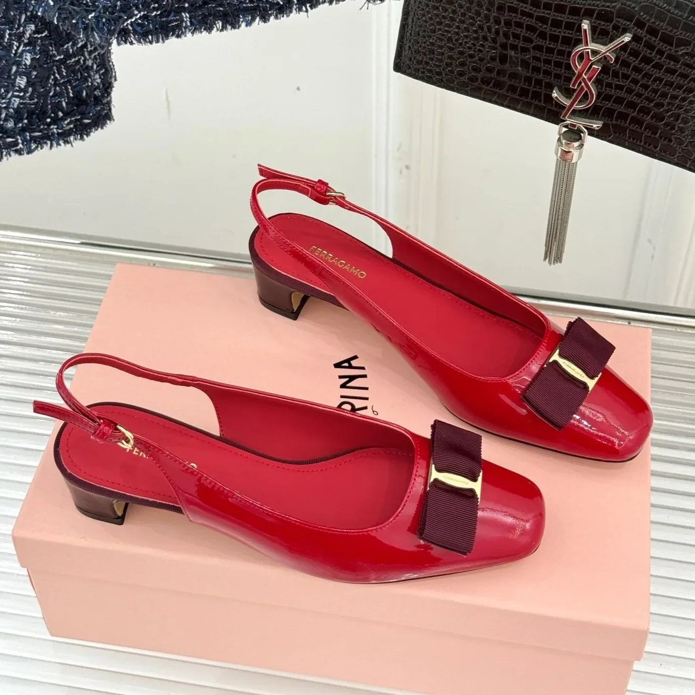 Ferragamo Iconic Bow Slingback Flame Red 01J701 Ferragamo Iconic Bow Slingback Flame Red 01J701