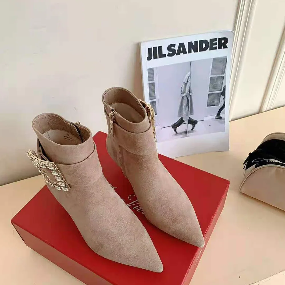Roger Vivier Pointy Strass Buckle Ankle Boots in Suede for Women Roger Vivier Pointy Strass Buckle Ankle Boots in Suede for Women