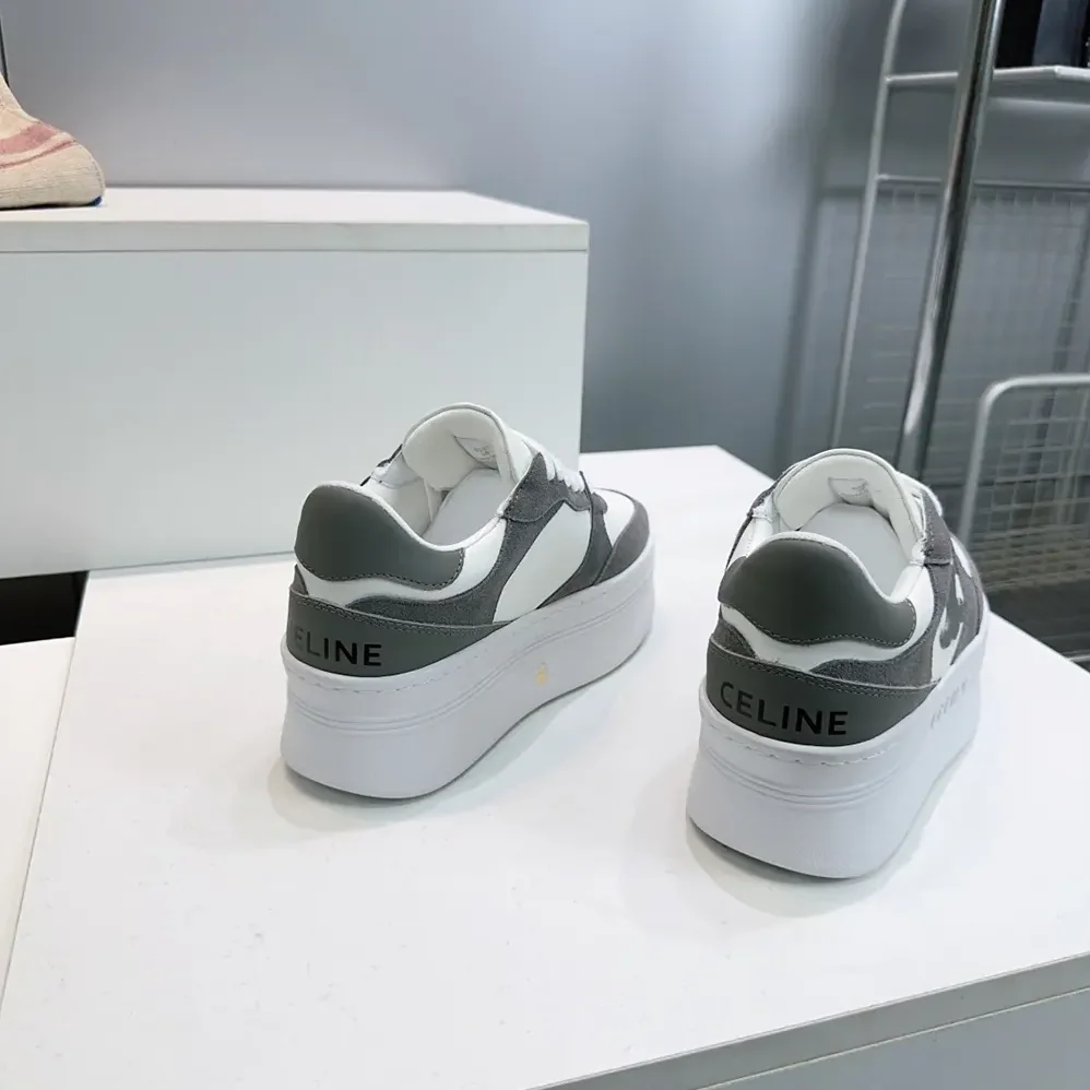 Celine Block Wedge Sneaker With Triomphe Patch In Calfskin And Suede Calfskin for Women in Gray Celine Block Wedge Sneaker With Triomphe Patch In Calfskin And Suede Calfskin for Women in Gray