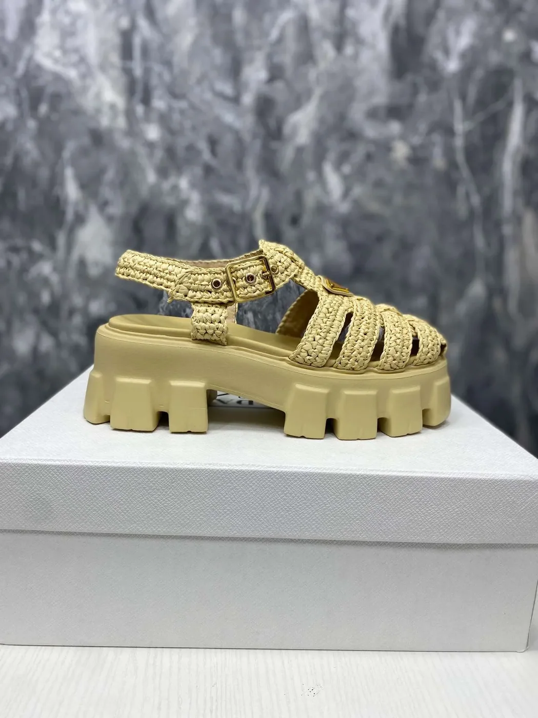 Prada Monolith Crochet Cage Sandals Yellow Prada Monolith Crochet Cage Sandals Yellow