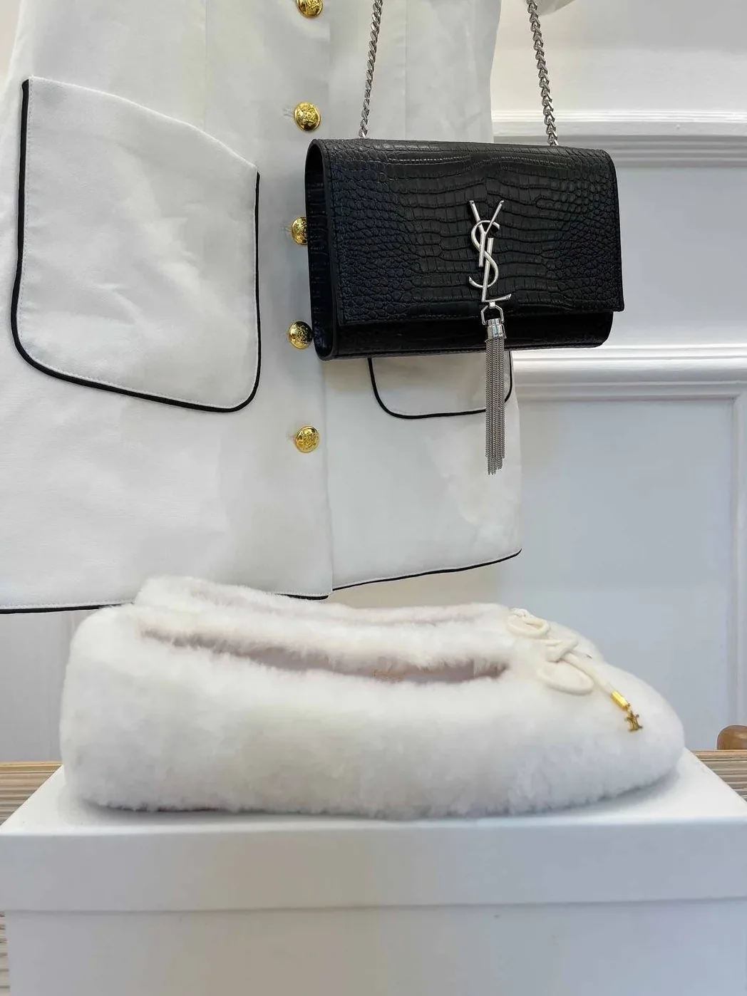 Celine Les Ballerines Celine Ballerina With Triomphe Laces And Fur White Celine Les Ballerines Celine Ballerina With Triomphe Laces And Fur White