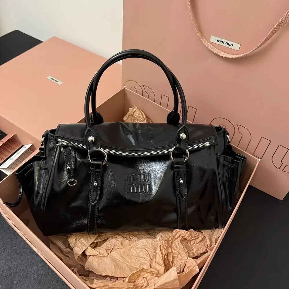 Miu Miu Shiny Leather Handbag for Women in Black Miu Miu Shiny Leather Handbag for Women in Black