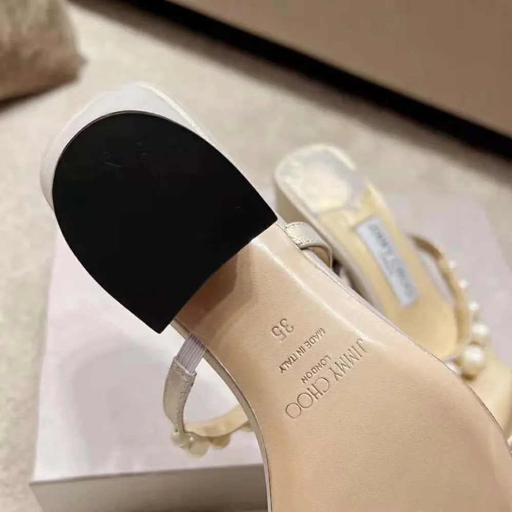 Jimmy Choo Amara 45 Champagne Shimmer Suede Mules with Pearl Embellishment for Women Jimmy Choo Amara 45 Champagne Shimmer Suede Mules with Pearl Embellishment for Women